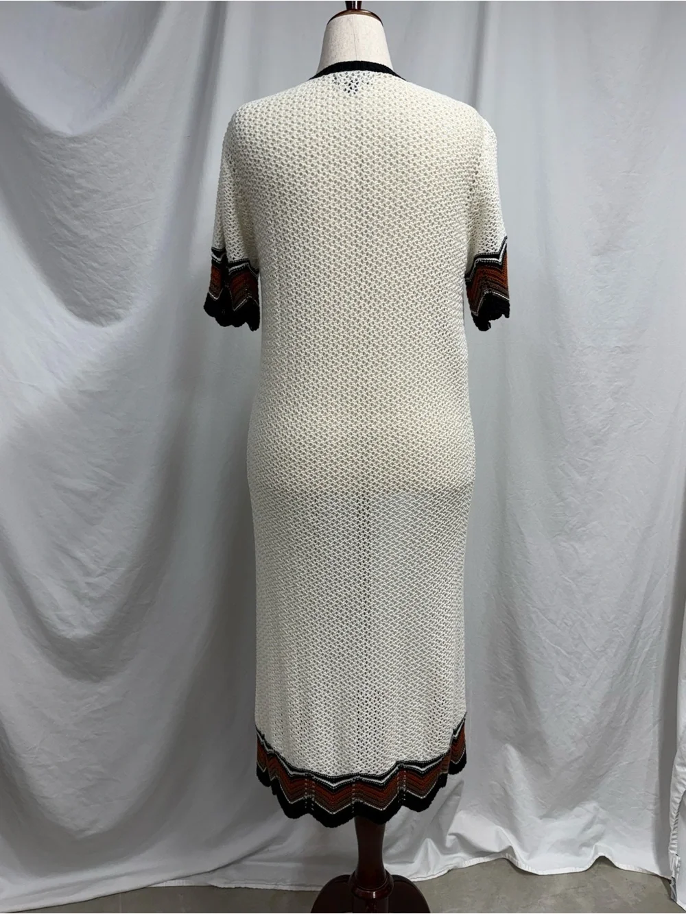 Long Open Knit Cardigan with Zig Zag Contrast Trim